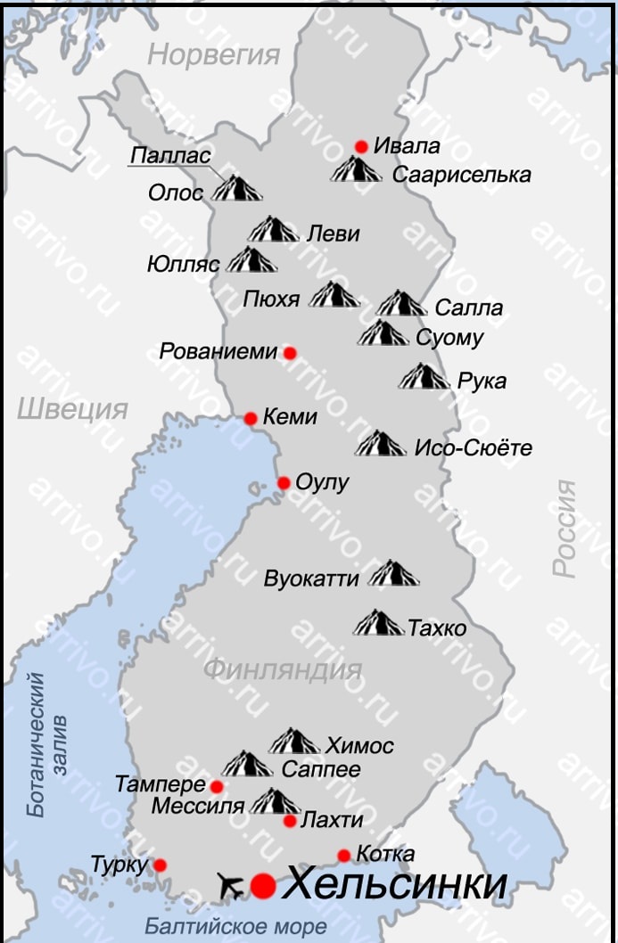 Карта основных горнолыжных курортов Финлиндии